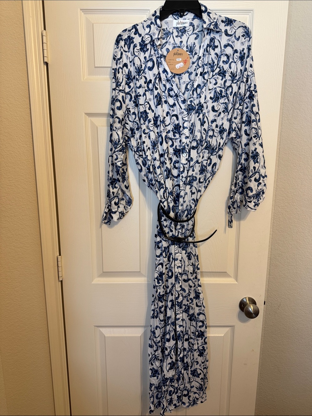 Platinum White-Navy Maxi Button down with side slits-wear with leggings or pants